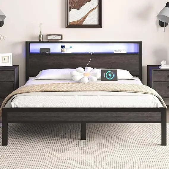 Industrial Style Bed Frame With Storage Headboard LED Lighting Charging Station