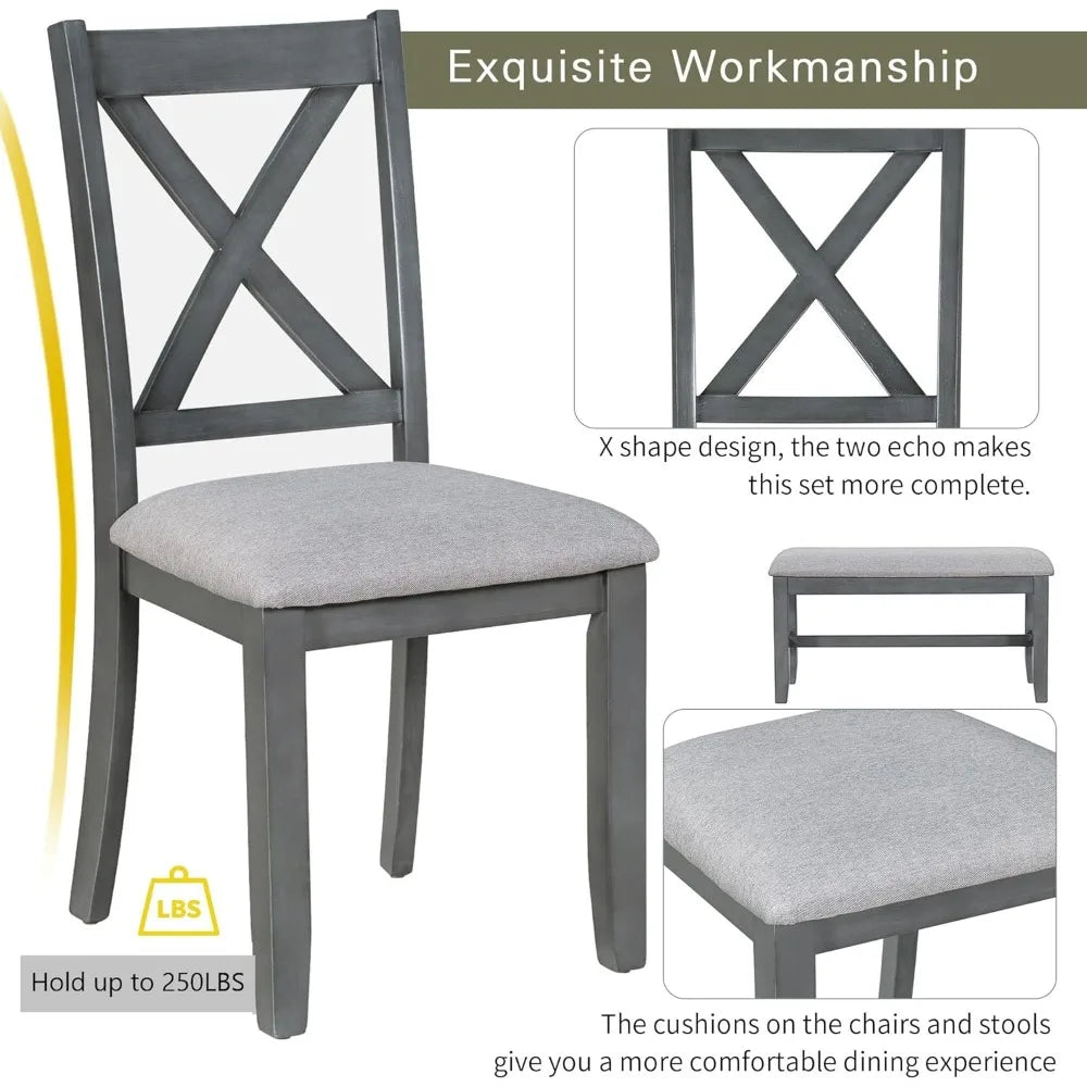 MKDK Rustic Farmhouse Foldable Dining Table Set With Upholstered Chairs And Bench Solid Wood