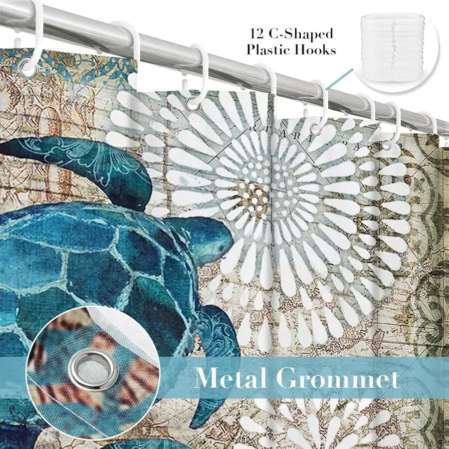 Nautical Sea Turtles Fabric Shower Curtain Set With Grommets