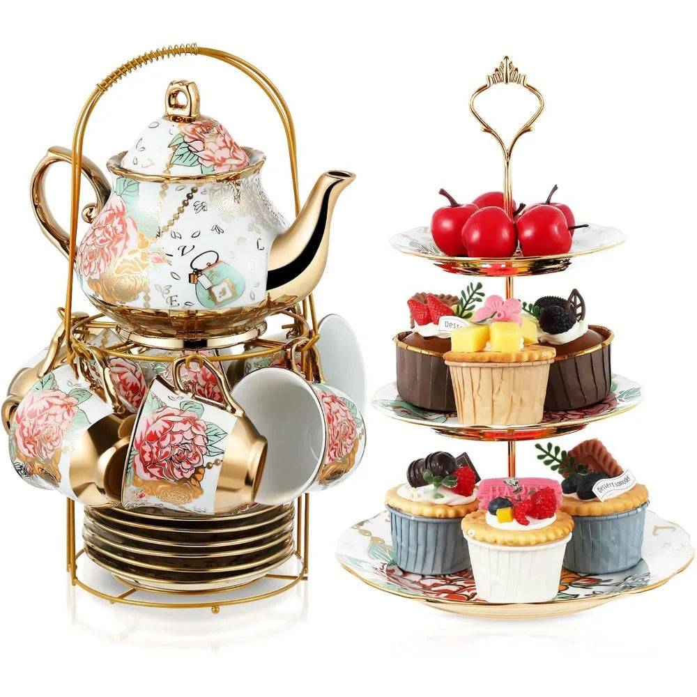 Zhejiang Porcelain Tea Set With 3-Tier Cake Stand