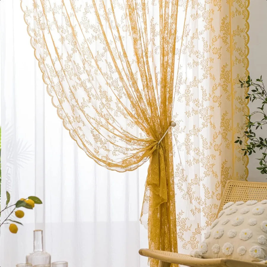 Lace Voile Window Curtain Panels With Floral Embroidery Sheer Pair