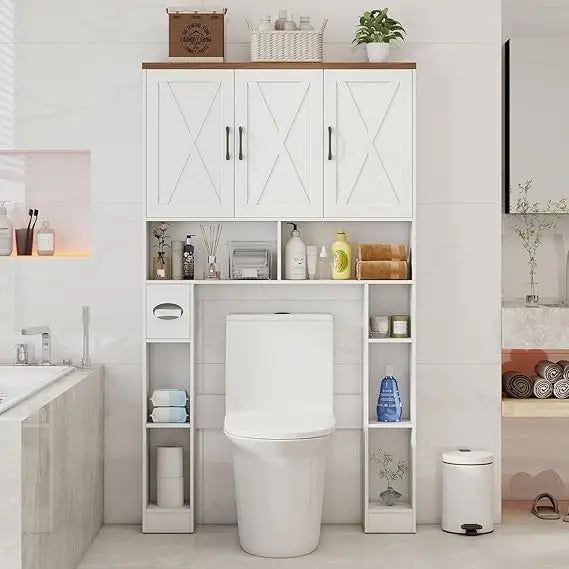 ZHIYONG Over The Toilet Storage Cabinet Farmhouse Toilet Cabinet With 3 Barn Doors Space Saving Bathroom Organizer