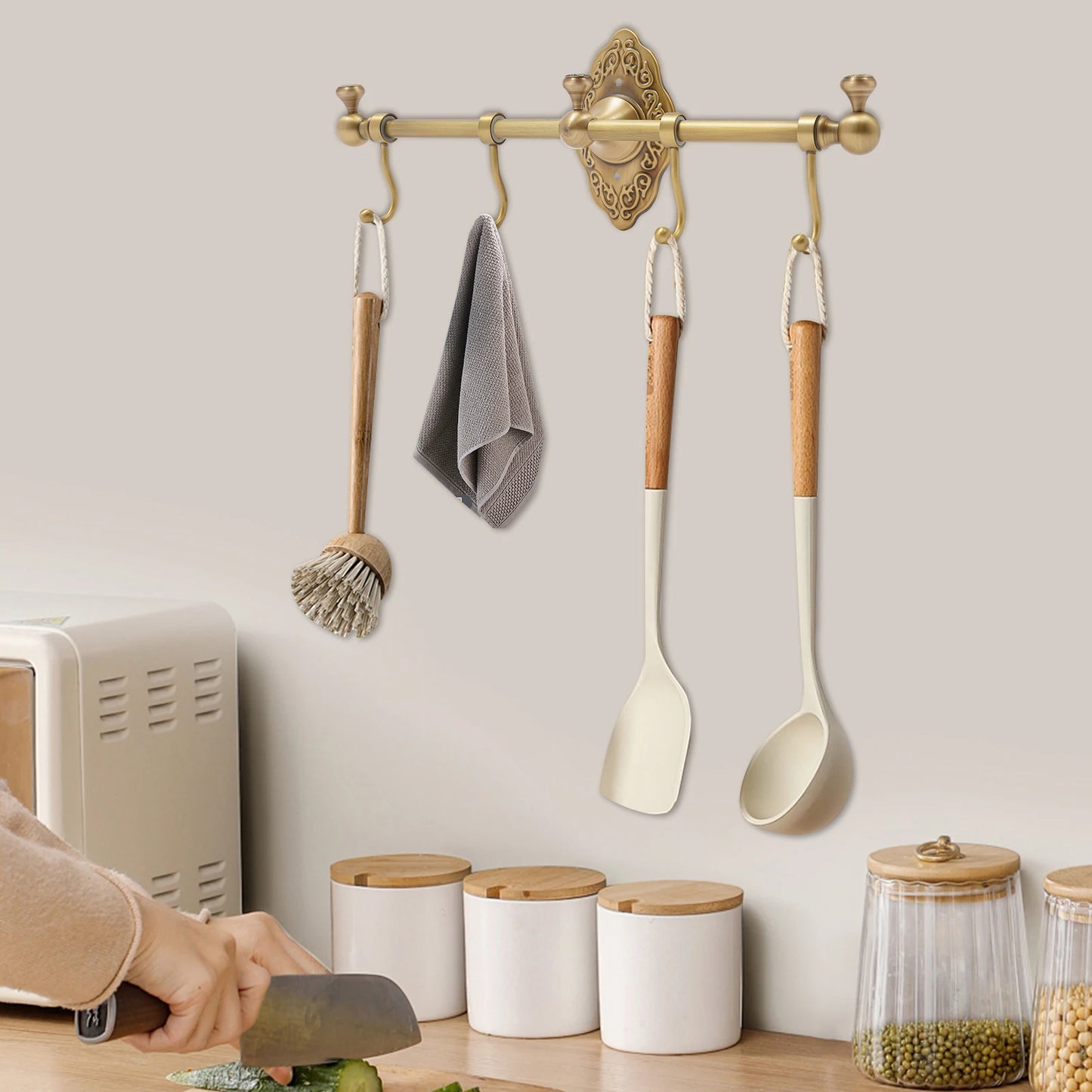 Hign Concerned Brushed Brass Wall Mounted Towel Rack With Four Hooks For Bathroom And Kitchen