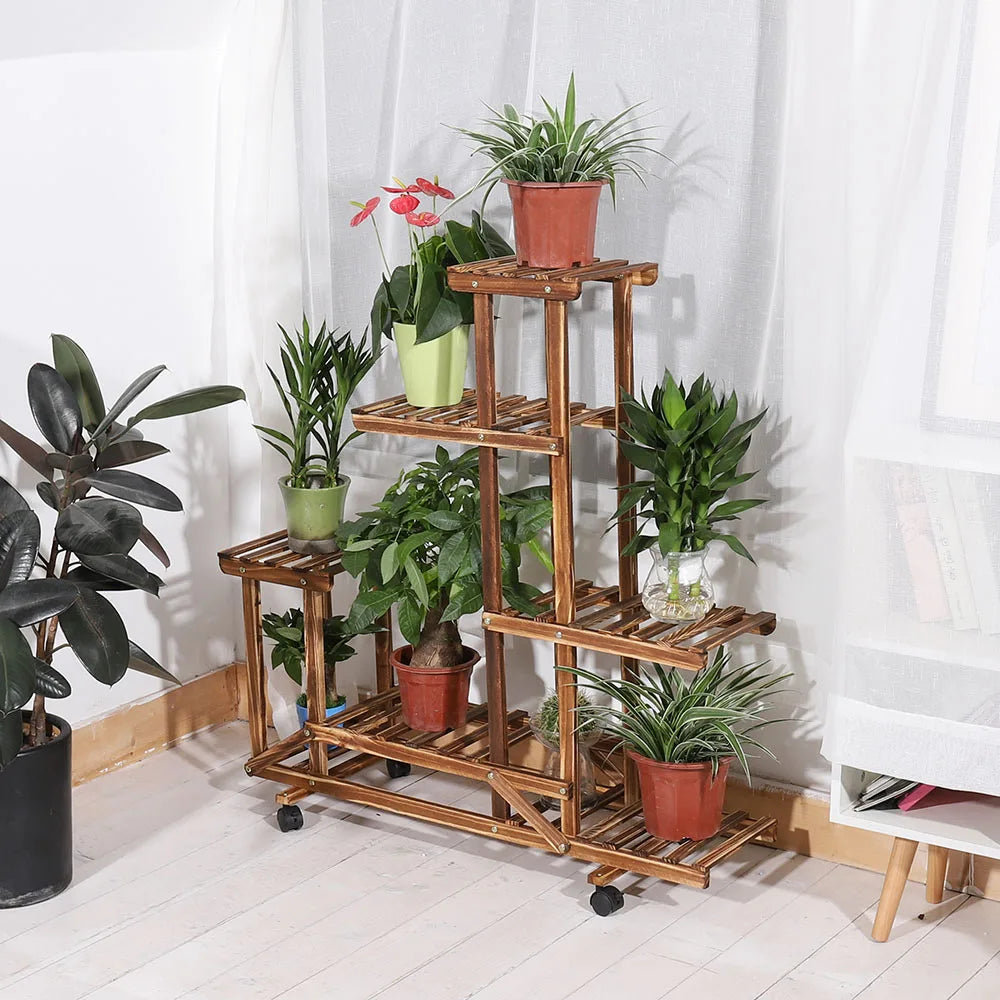 BINGOPAW 6-Tier Wooden Plant Stand With Wheels Rolling Display Shelf