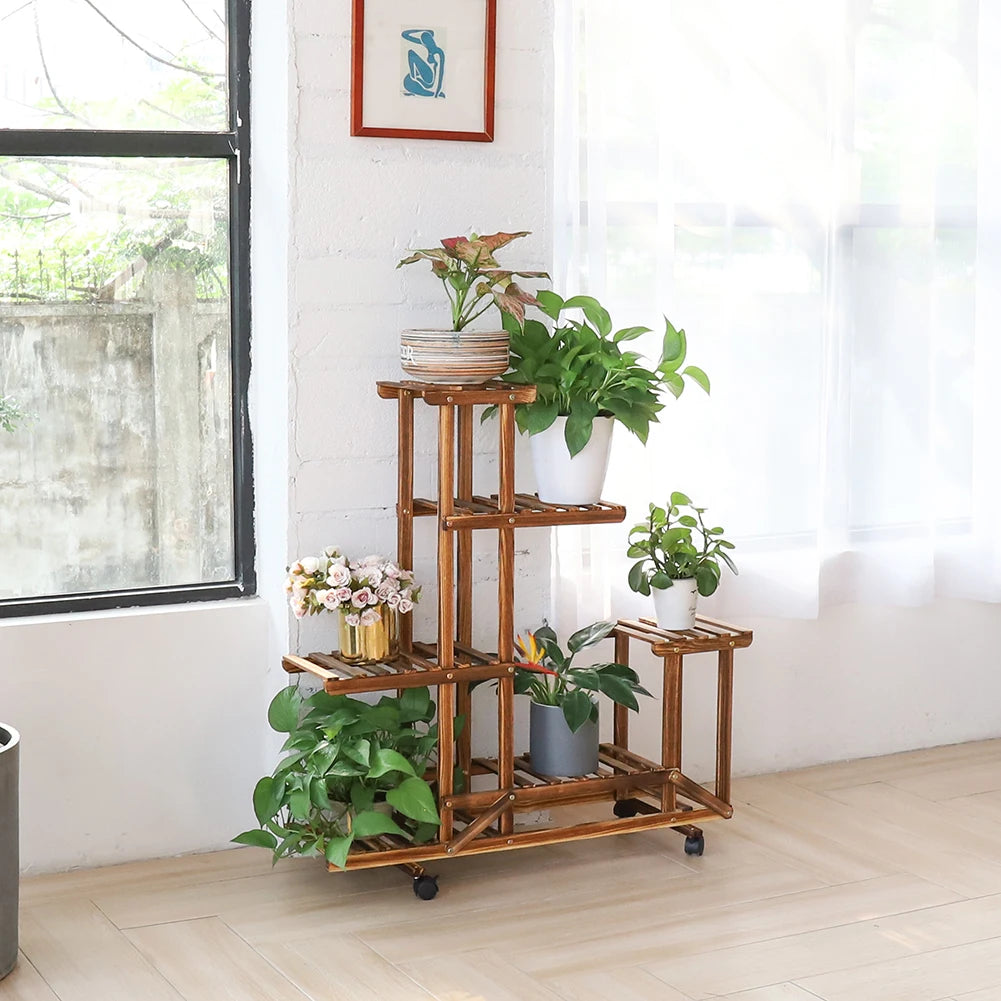 BINGOPAW 6-Tier Wooden Plant Stand With Wheels Rolling Display Shelf