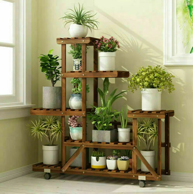 BINGOPAW 6-Tier Wooden Plant Stand With Wheels Rolling Display Shelf