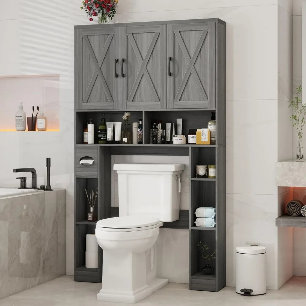ZHIYONG Over The Toilet Storage Cabinet Farmhouse Toilet Cabinet With 3 Barn Doors Space Saving Bathroom Organizer