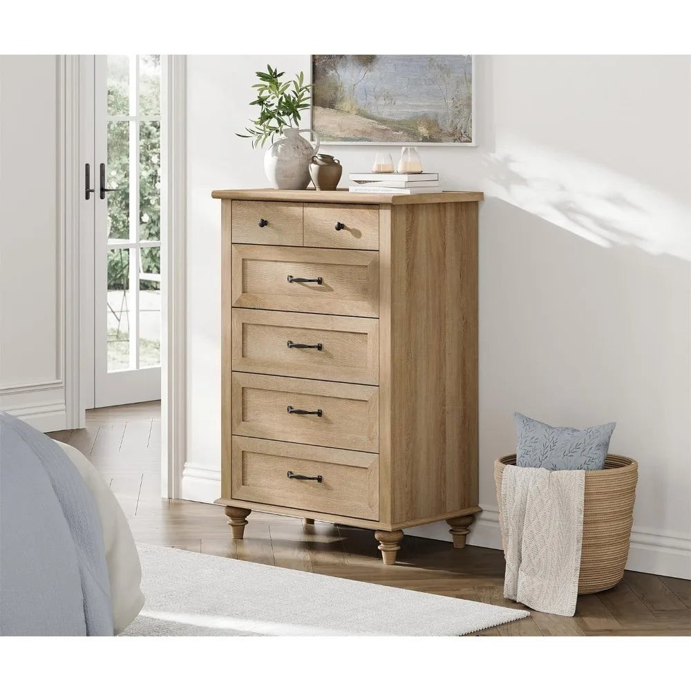Oak Dresser With 5 Drawers For Bedroom Modern Wood Storage