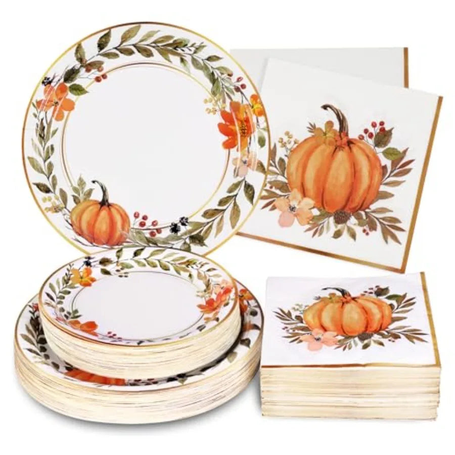 Hign-concerned Thanksgiving Paper Plates and Napkins Set Watercolor Pumpkin Wreath