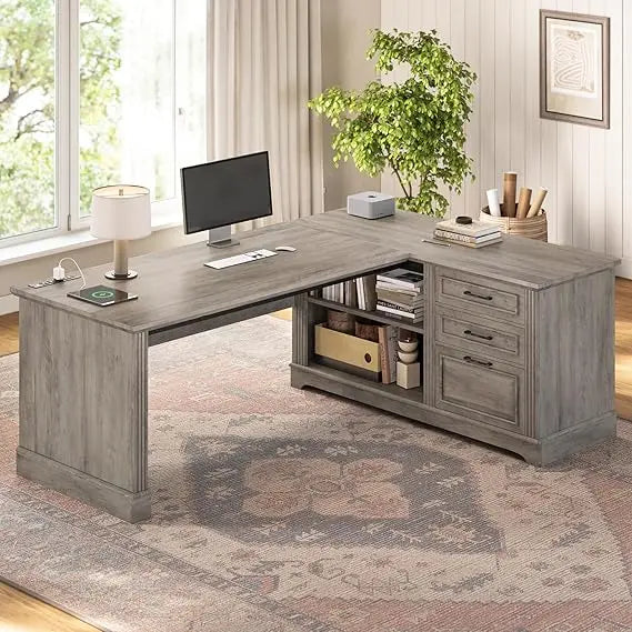 L-Shaped Executive Office Desk With File Storage And Power Outlets