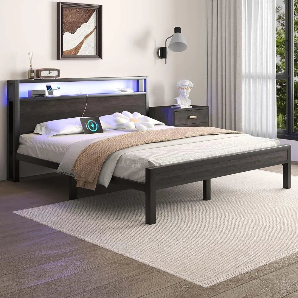 Industrial Style Bed Frame With Storage Headboard LED Lighting Charging Station