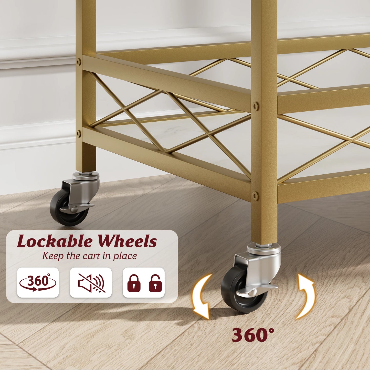 Hign-concerned Modern 2-Tier Rolling Bar Cart with Glass Holder