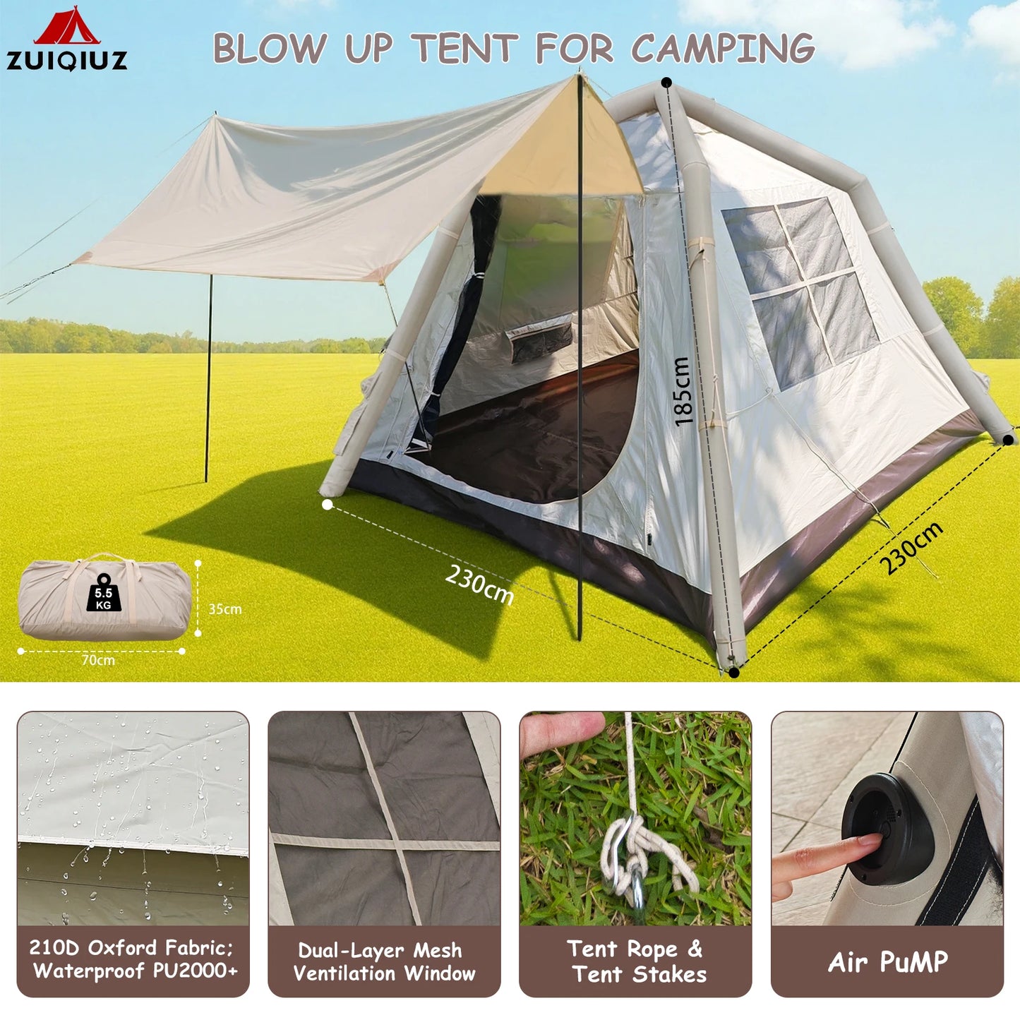 ZUIQIUZ Inflatable Camping Tent With Built In Air Pump For 3 To 4 People