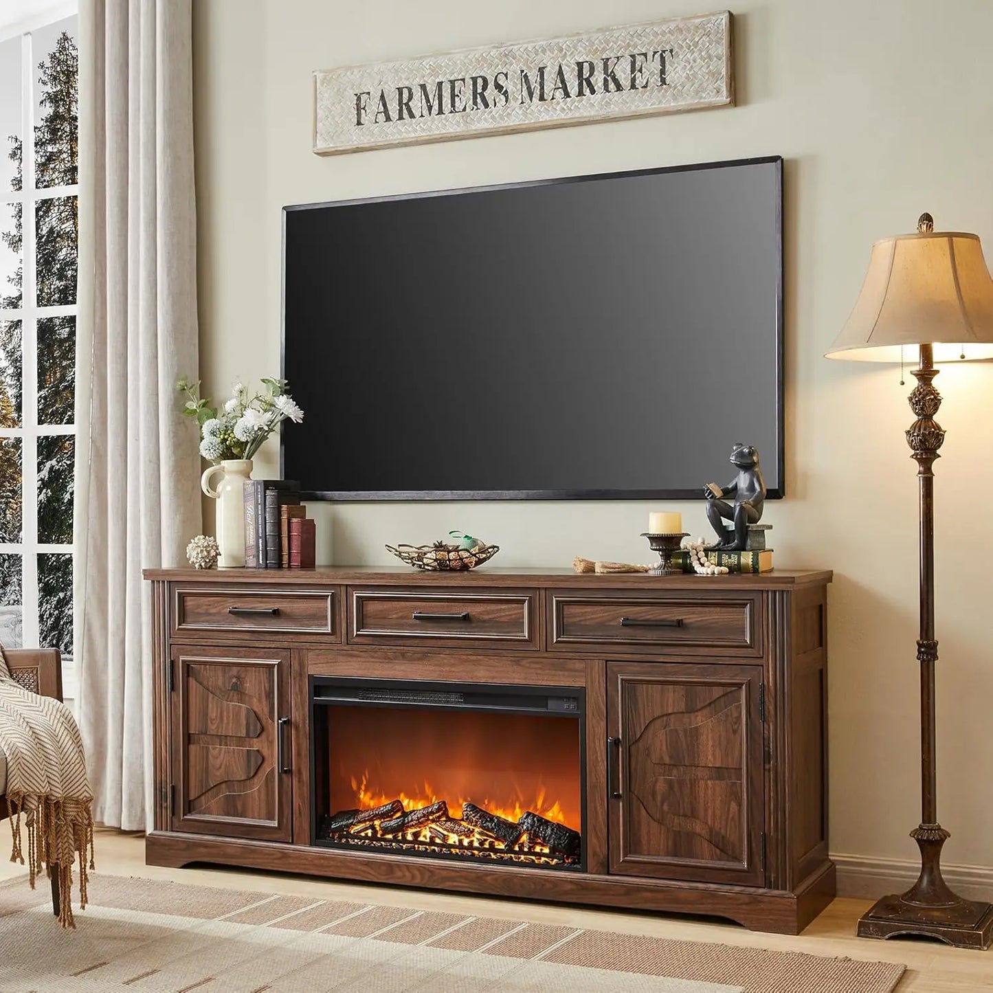 General Farmhouse TV Stand With Exquisitely MasterfullyCrafted Electric Fireplace Storage