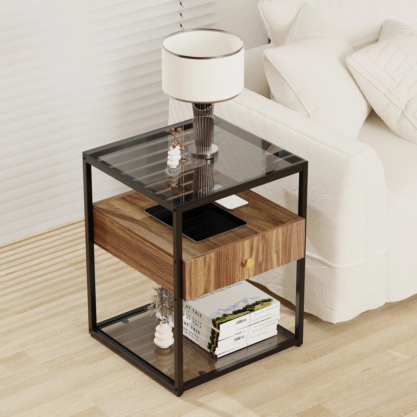 Drawer Tempered Glass Nightstand With Drawer And Shelf
