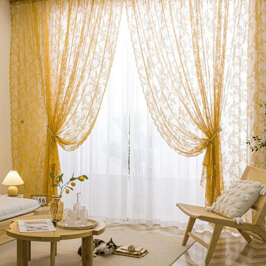 Lace Voile Window Curtain Panels With Floral Embroidery Sheer Pair