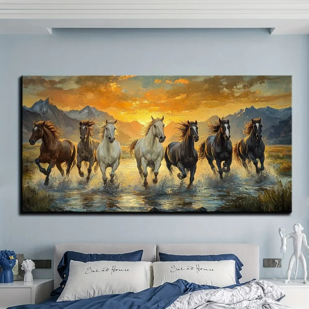 Hign-concerned Seven Horse Feng Shui Canvas Wall Art Pine Frame