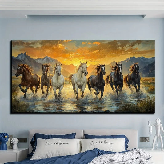 Hign-concerned Seven Horse Feng Shui Canvas Wall Art Pine Frame