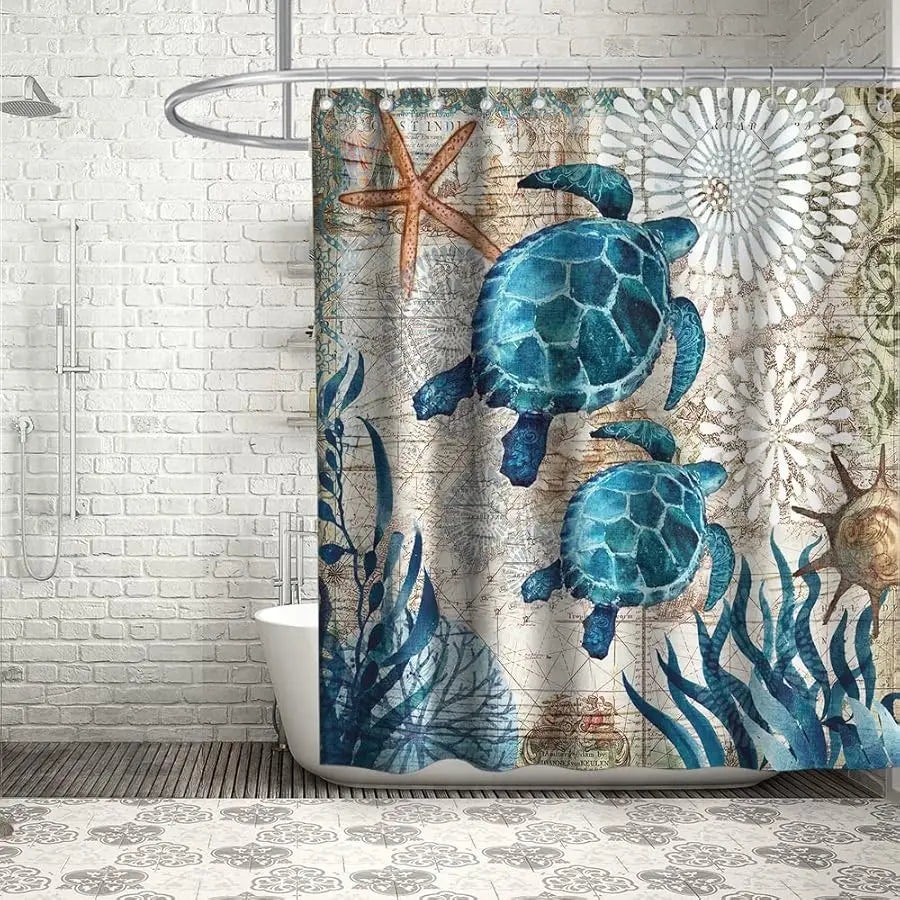 Nautical Sea Turtles Fabric Shower Curtain Set With Grommets
