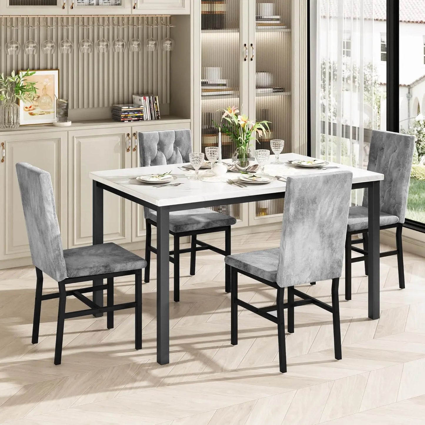 Hooseng Faux Marble Dining Table Set For 4 With Luxurious Button Tufted Chairs Collection