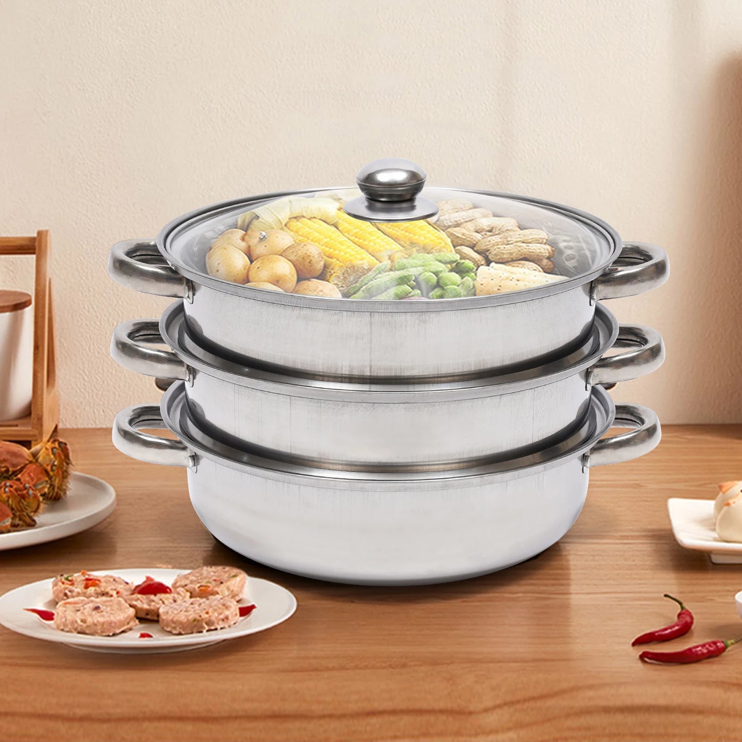 Stainless Steel Three Tier Steamer Pot Multi Function Cooker