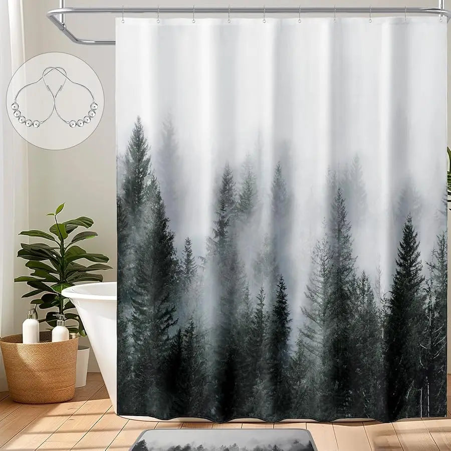 Forest Mist Shower Curtain For Bathroom With Pine Tree Design