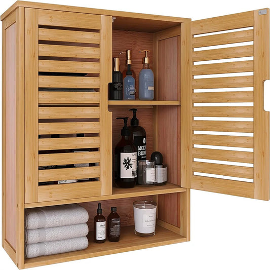 Premium Bamboo Wallmounted Cabinet Triple Tier Durable Bathroom Kitchen Organizer