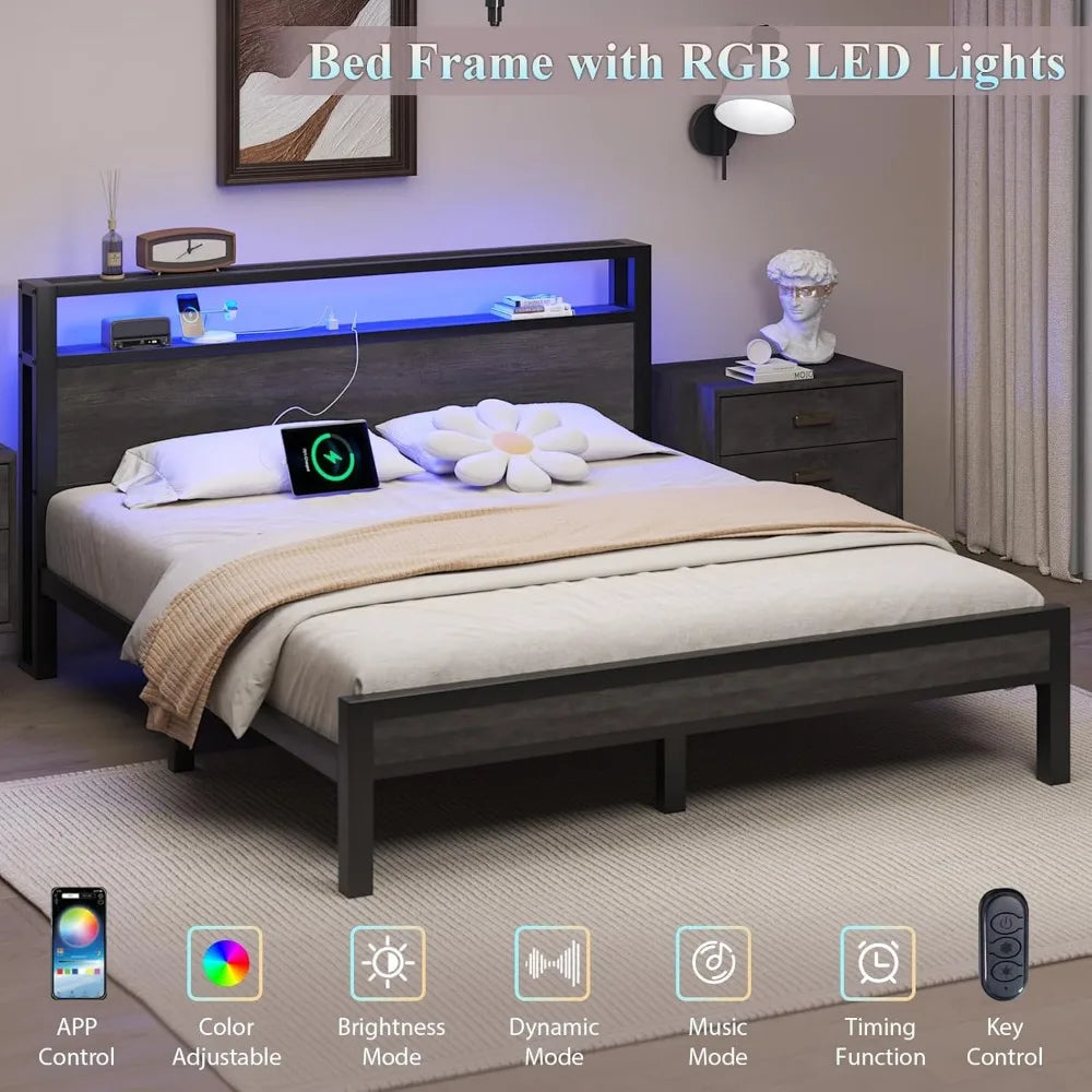 Industrial Style Bed Frame With Storage Headboard LED Lighting Charging Station