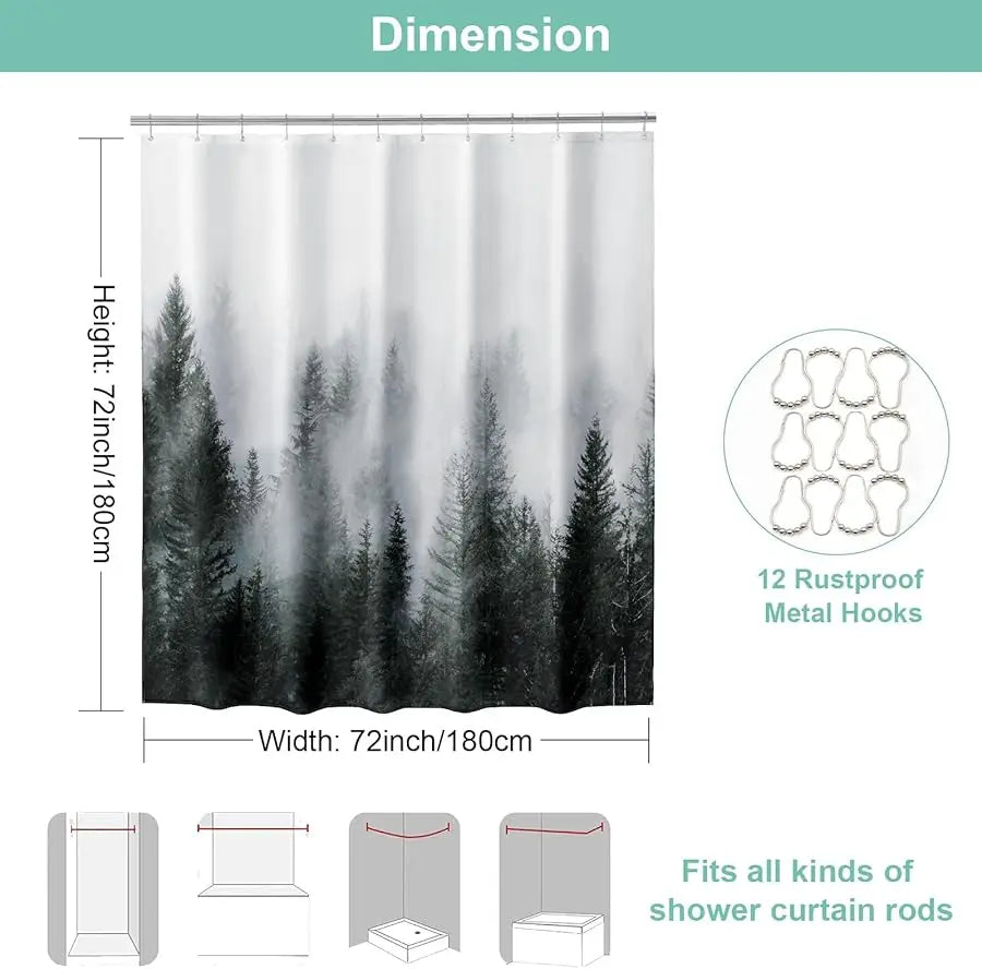 Forest Mist Shower Curtain For Bathroom With Pine Tree Design