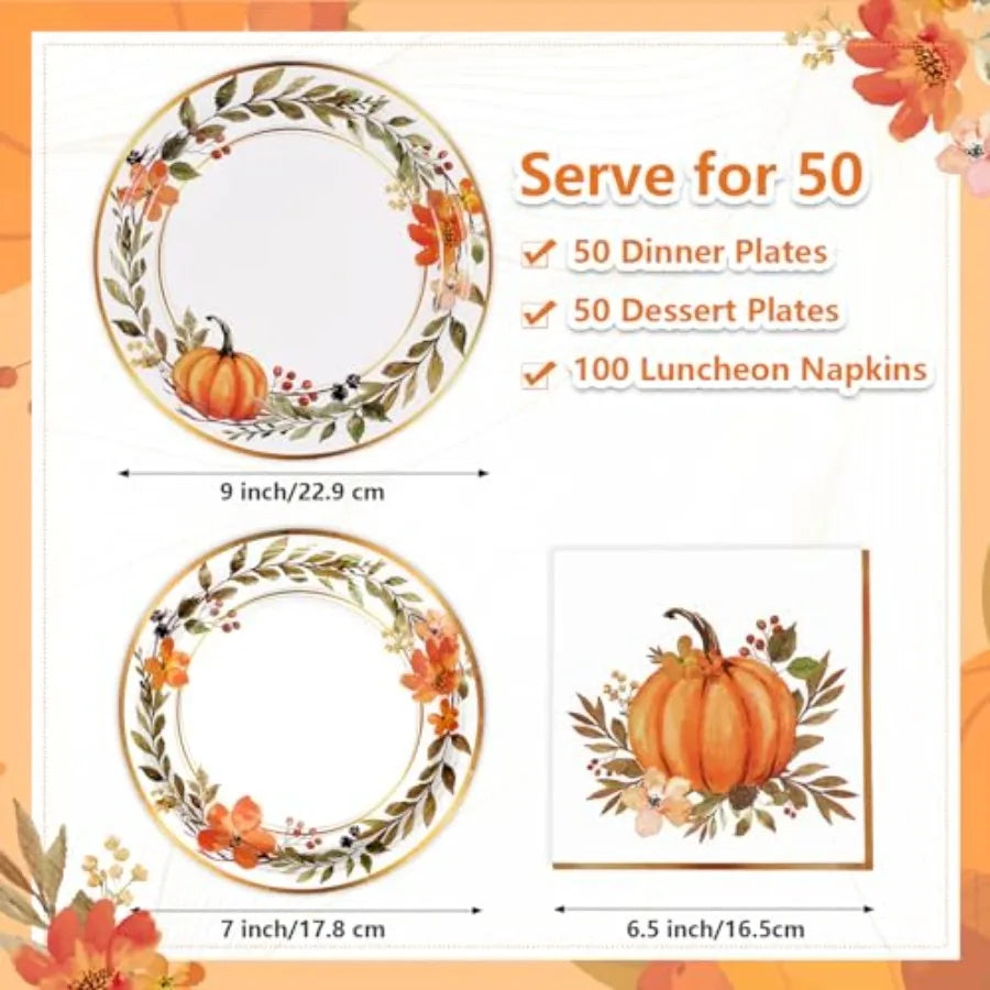 Hign-concerned Thanksgiving Paper Plates and Napkins Set Watercolor Pumpkin Wreath