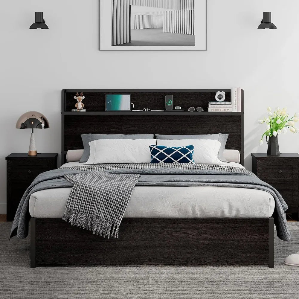 Storage Bed With Lift Platform And Charging Station Wood Headboard