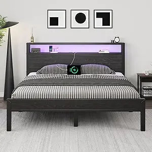 Industrial Style Bed Frame With Storage Headboard LED Lighting Charging Station