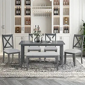 MKDK Rustic Farmhouse Foldable Dining Table Set With Upholstered Chairs And Bench Solid Wood