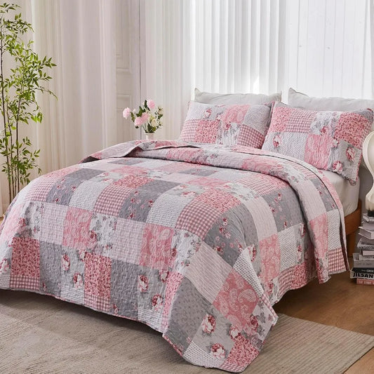 Craft Of Weaving Quilt Set Modern Floral Patchwork In Grey Grid For Contemporary Bedroom