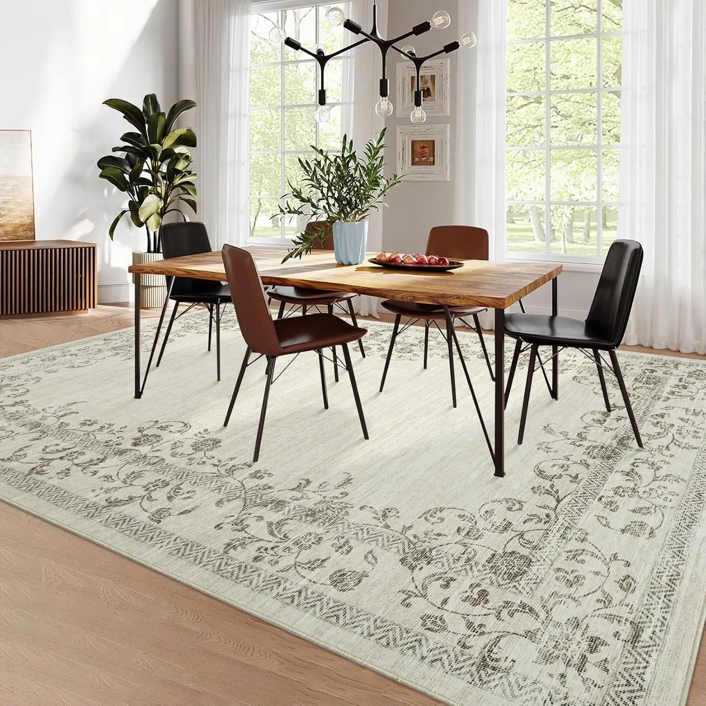 HiMISS Floral Border Washable Area Rug For Living Room
