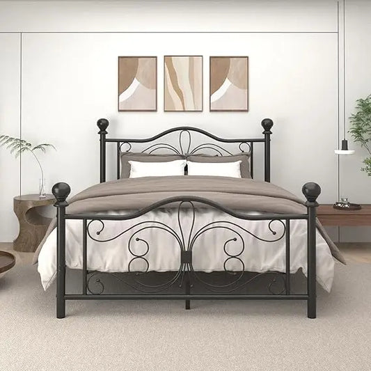 Metal Platform Bed Frame With Headboard And Footboard Butterfly Pattern