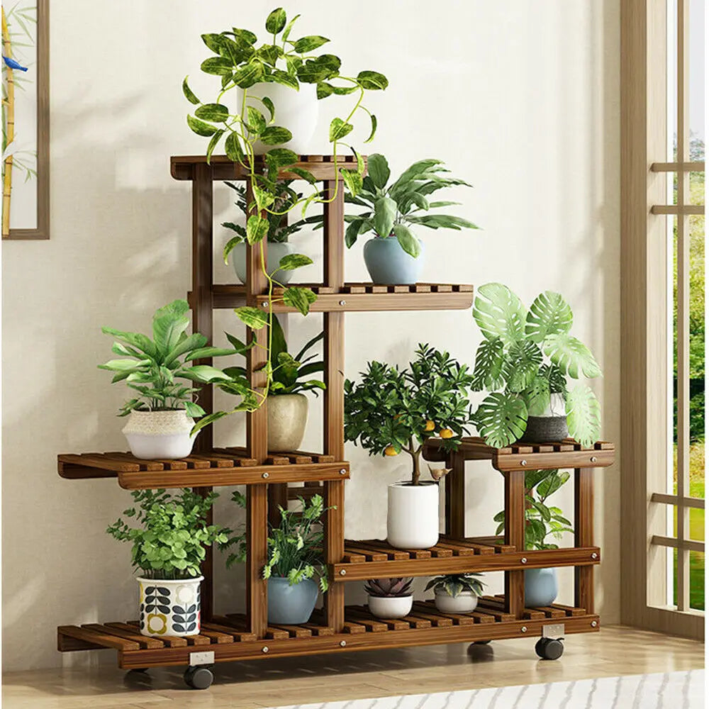 BINGOPAW 6-Tier Wooden Plant Stand With Wheels Rolling Display Shelf