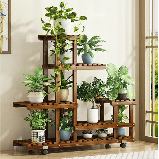 BINGOPAW 6-Tier Wooden Plant Stand With Wheels Rolling Display Shelf