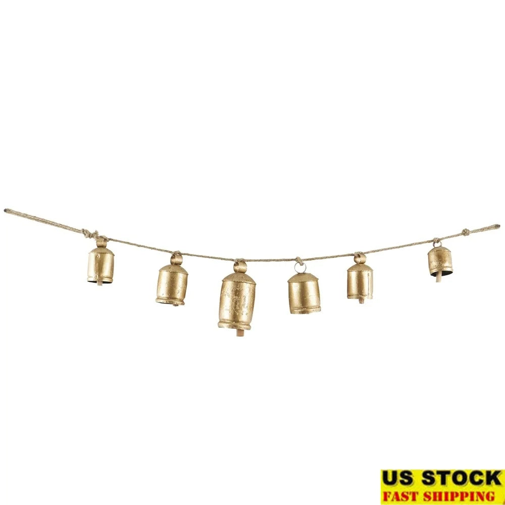 DUTRIEUX Decorative Tibetan Cow Bells Set Of Six Jute Rope Hanging Bells For Rustic Home Decor And Meditation Accent