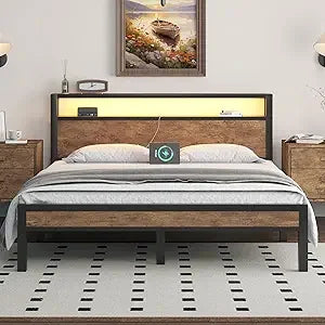 Industrial Style Bed Frame With Storage Headboard LED Lighting Charging Station