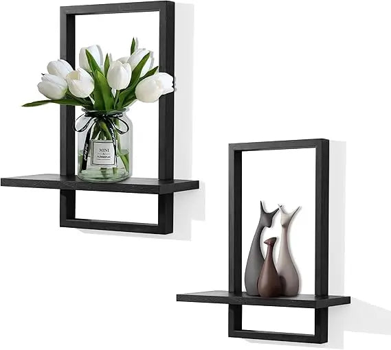 Square Floating Shelves,Wall Plants Holder,Bathroom Wall Decor,Framed Decorative Shelf Black,Modern Chic Set of 2 for Living Ro