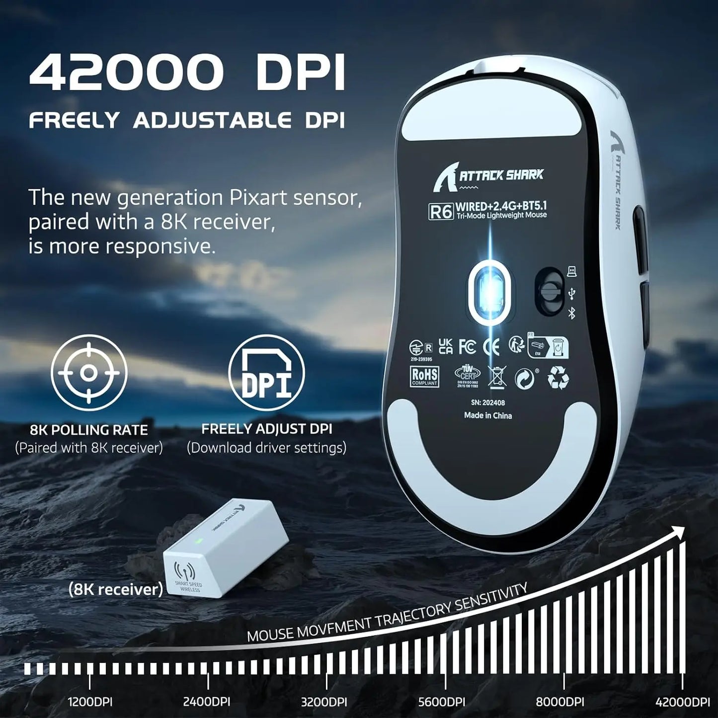 Attack Shark R6 Lightweight Wireless Gaming Mouse PAW3950Max Sensor