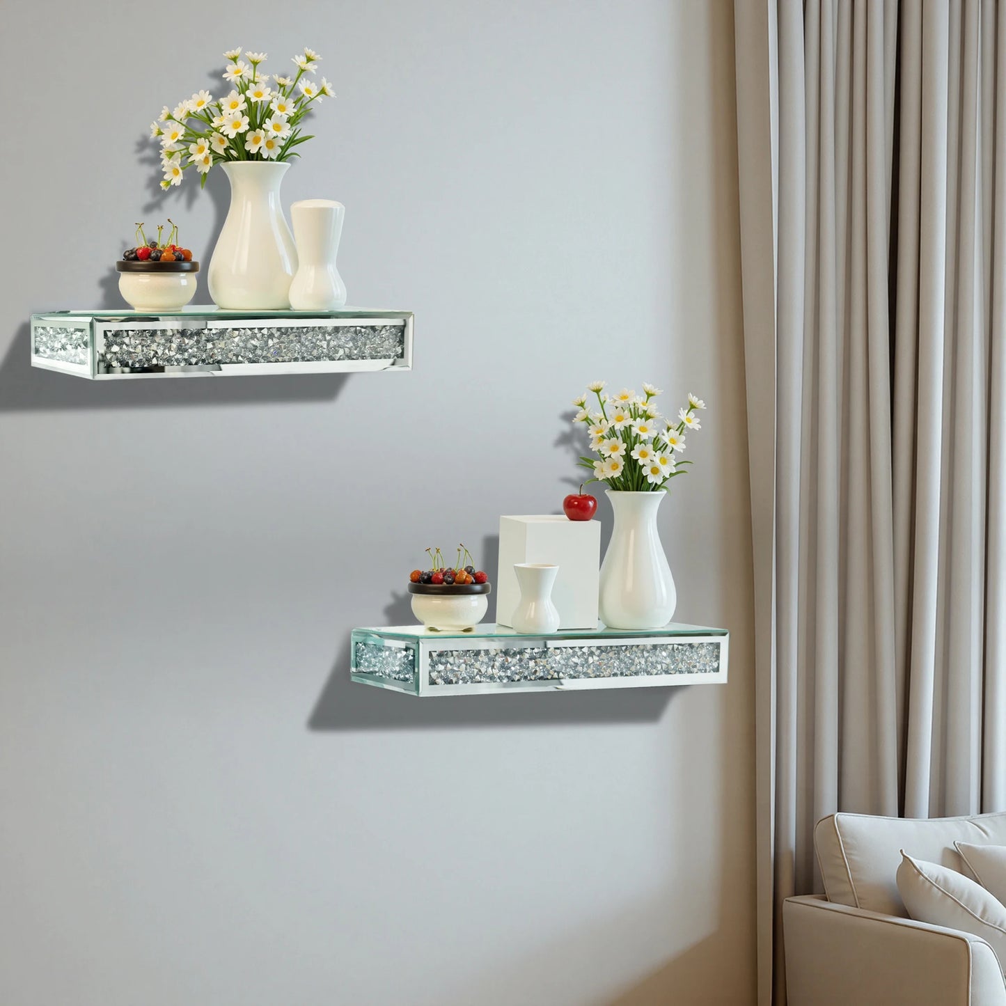 High-concerned Luxury Crushed Diamond Mirrored Wall Mounted Floating Shelf