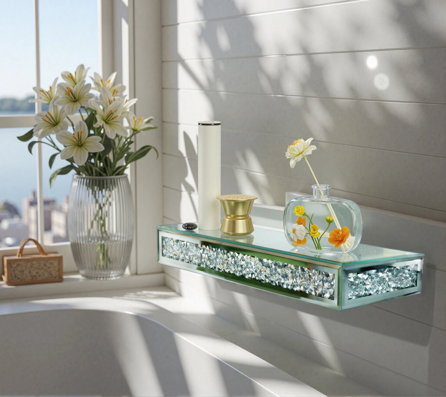 High-concerned Luxury Crushed Diamond Mirrored Wall Mounted Floating Shelf