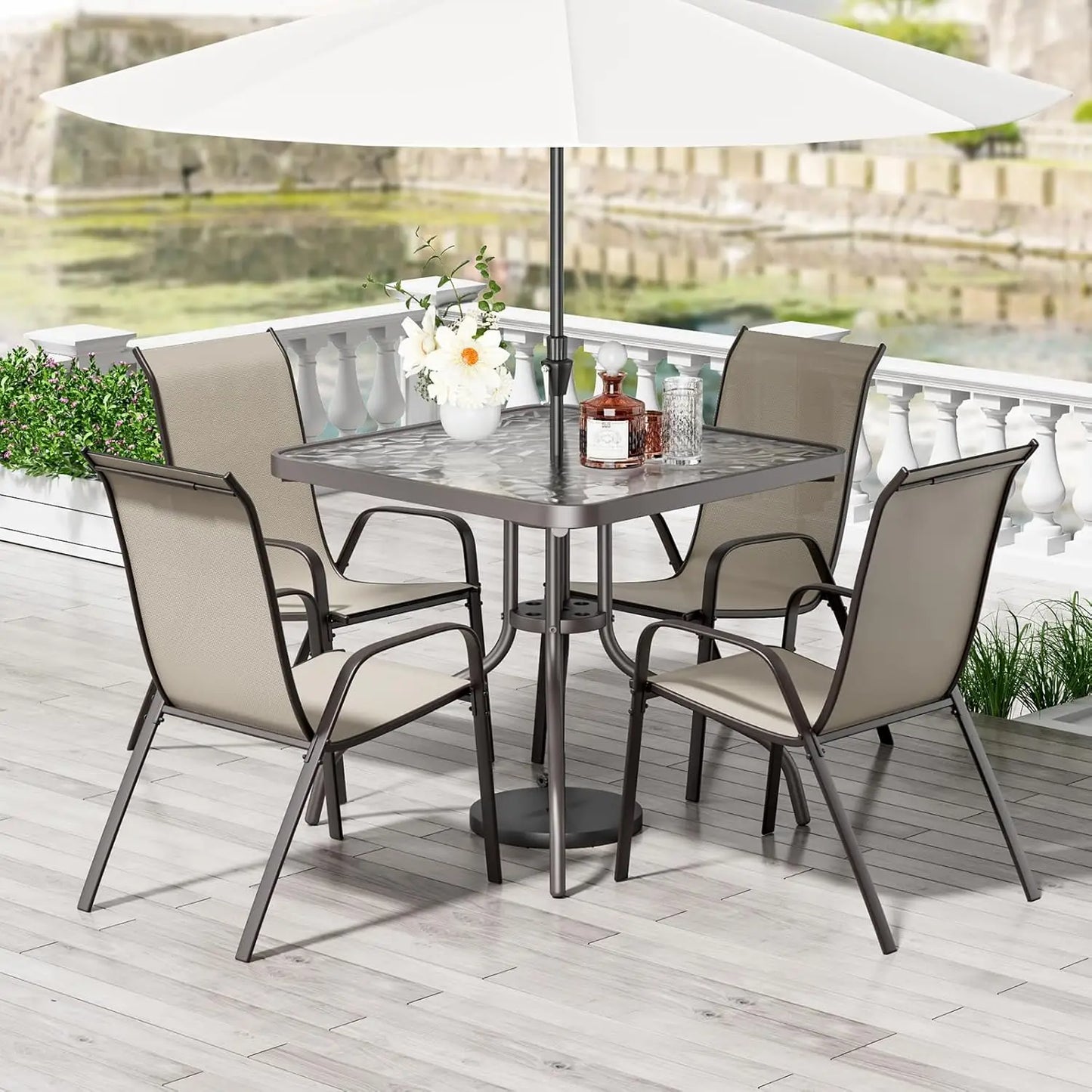 ZHUOTING Patio Dining Set 5 Pieces All Weather Outdoor Furniture With Stackable Textilene Chairs