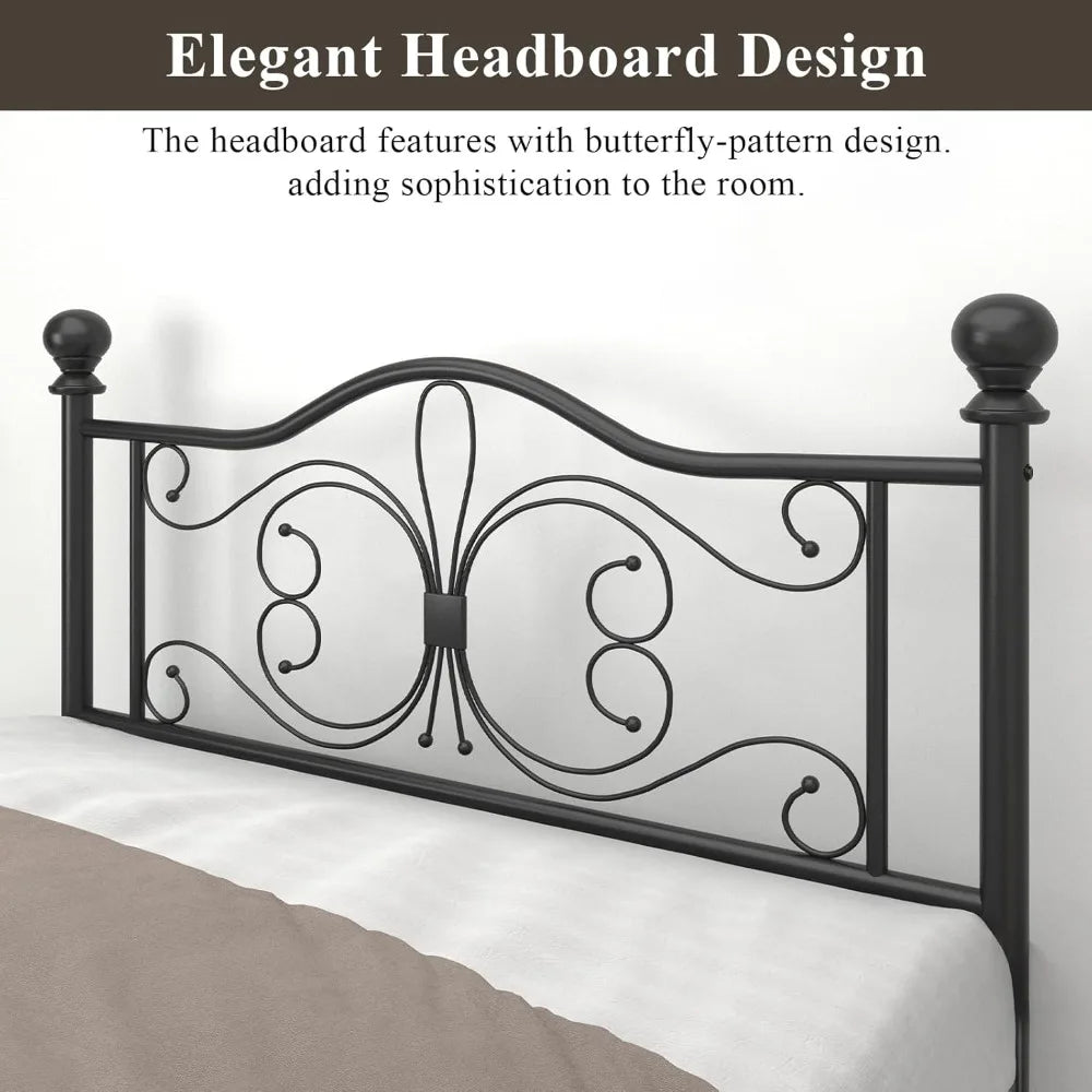 Metal Platform Bed Frame With Headboard And Footboard Butterfly Pattern