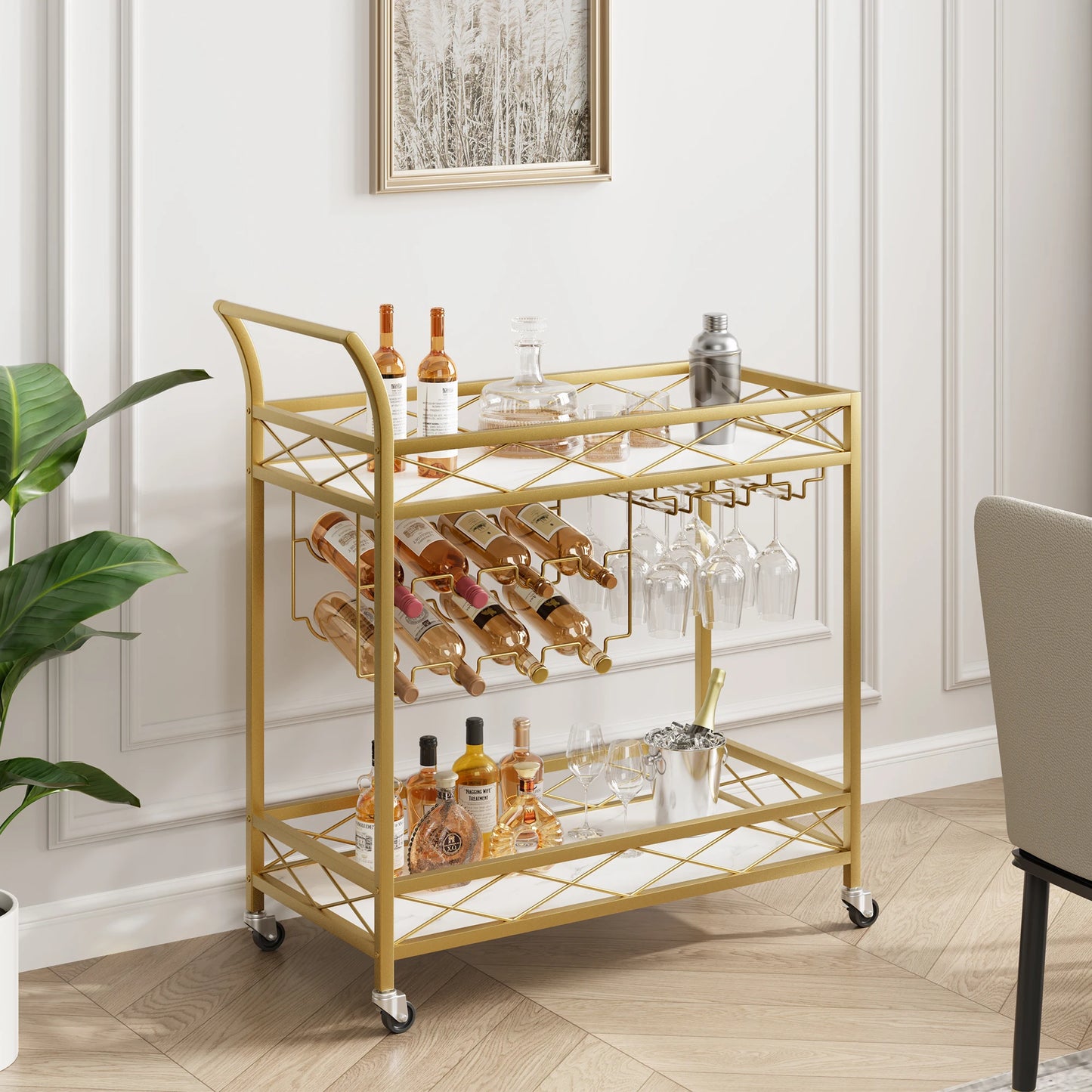 Hign-concerned Modern 2-Tier Rolling Bar Cart with Glass Holder