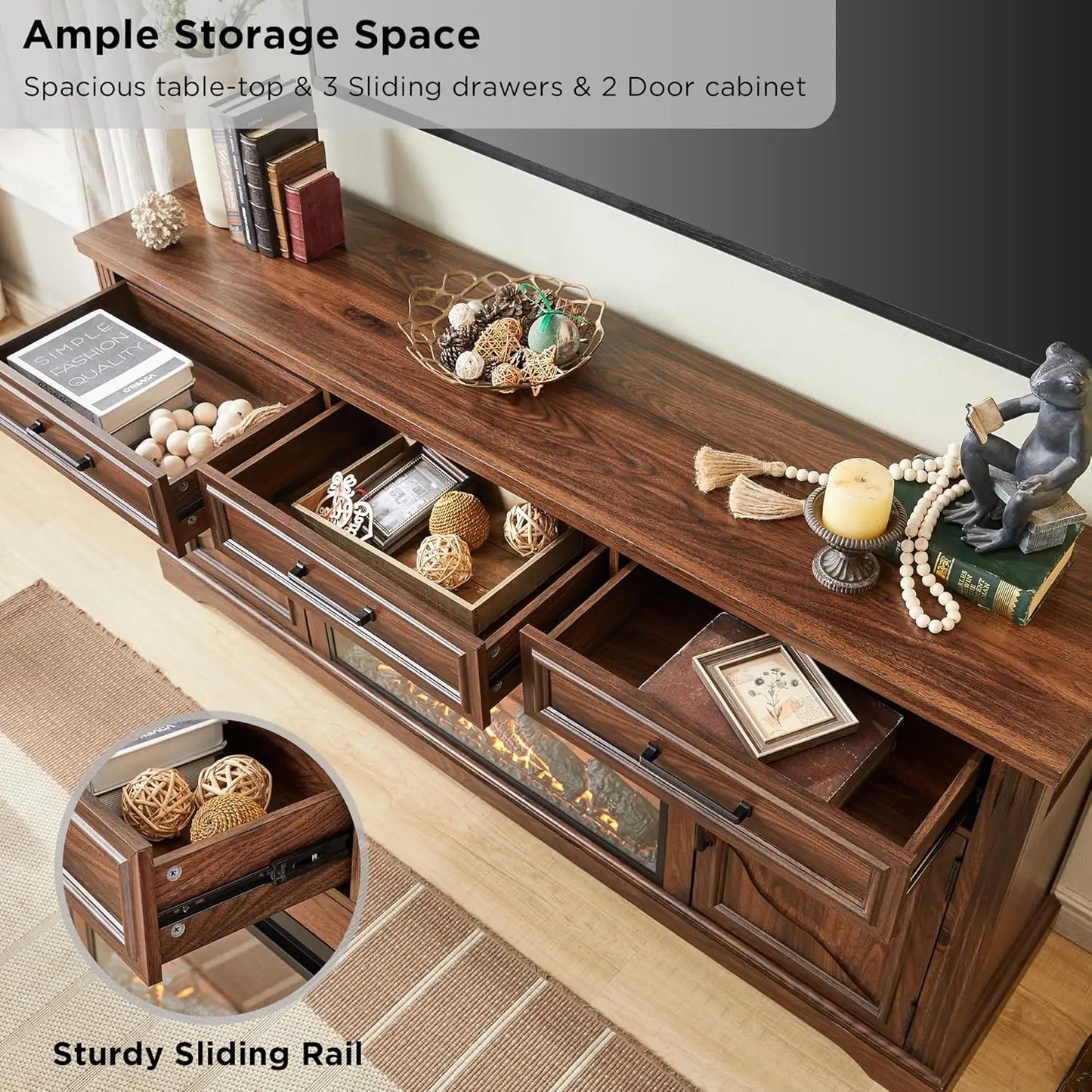 General Farmhouse TV Stand With Exquisitely MasterfullyCrafted Electric Fireplace Storage