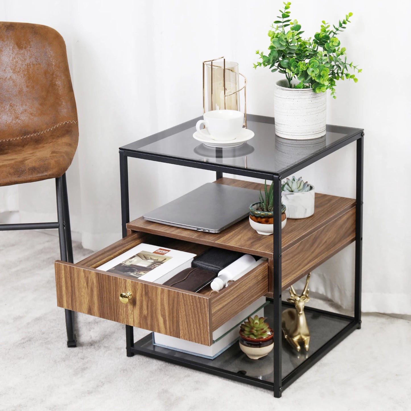 Drawer Tempered Glass Nightstand With Drawer And Shelf