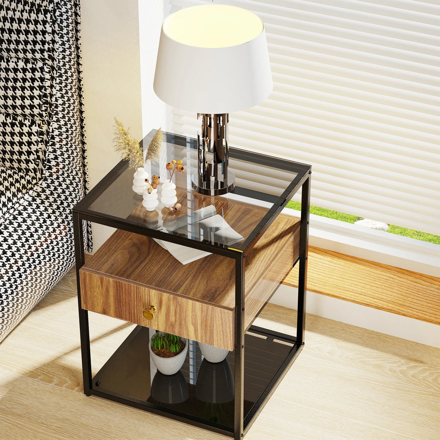 Drawer Tempered Glass Nightstand With Drawer And Shelf